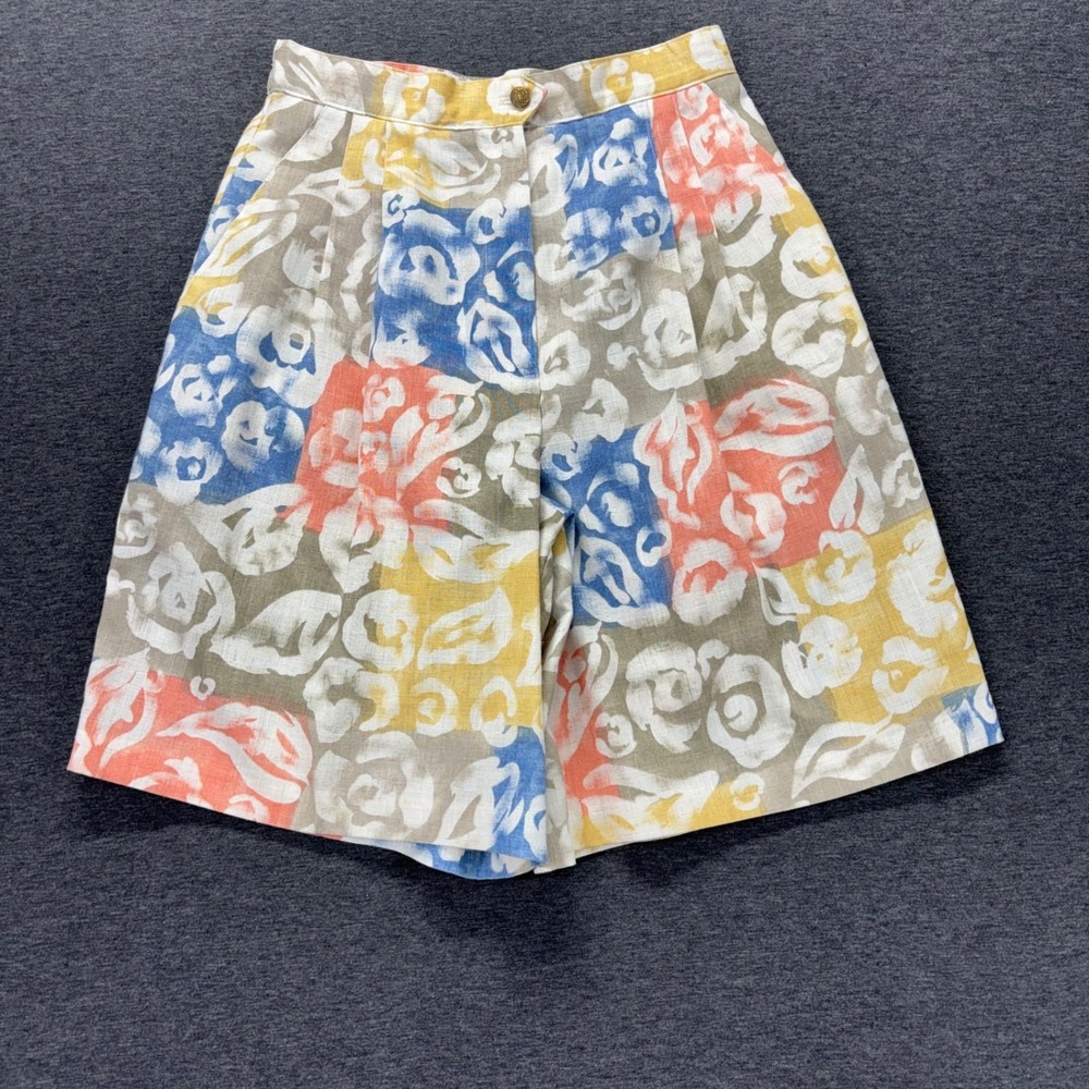 Sag Harbor Shorts Womens 10 Floral Linen Blend Pleated High Waist Elastic resort